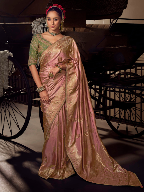 Rose Pink Banarasi Satin Silk Saree With Contrast Blouse