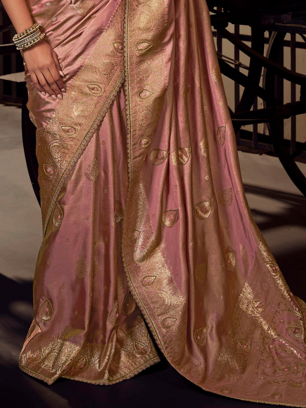 Rose Pink Banarasi Satin Silk Saree With Contrast Blouse