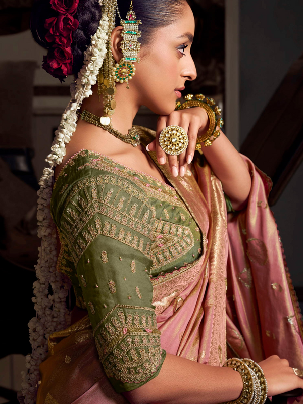 Rose Pink Banarasi Satin Silk Saree With Contrast Blouse