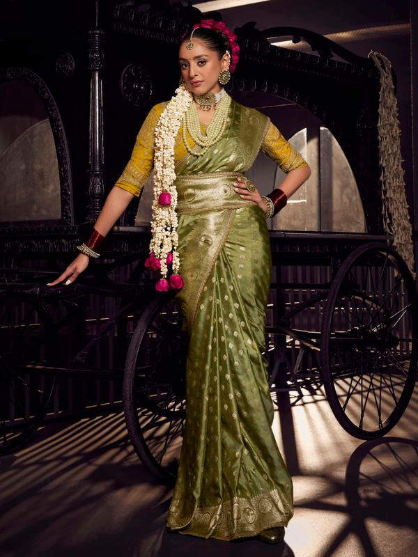Mehendi Green Banarasi Satin Silk Saree With Contrast Blouse