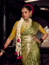 Mehendi Green Banarasi Satin Silk Saree With Contrast Blouse