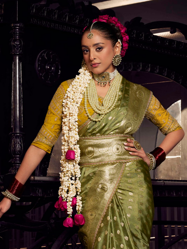 Mehendi Green Banarasi Satin Silk Saree With Contrast Blouse