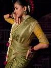 Mehendi Green Banarasi Satin Silk Saree With Contrast Blouse