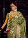 Mehendi Green Banarasi Satin Silk Saree With Contrast Blouse
