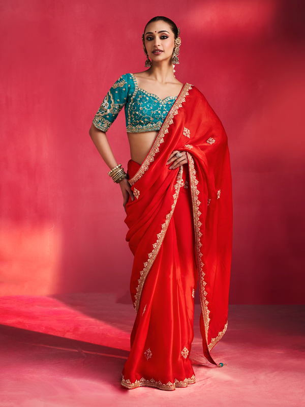 Scarlet Red Embroidered Designer Satin Silk Saree With Contrast Blouse
