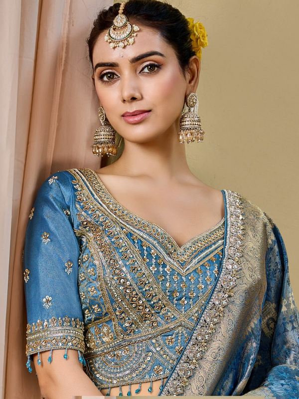 Steel Blue Banarasi Tissue Silk Saree