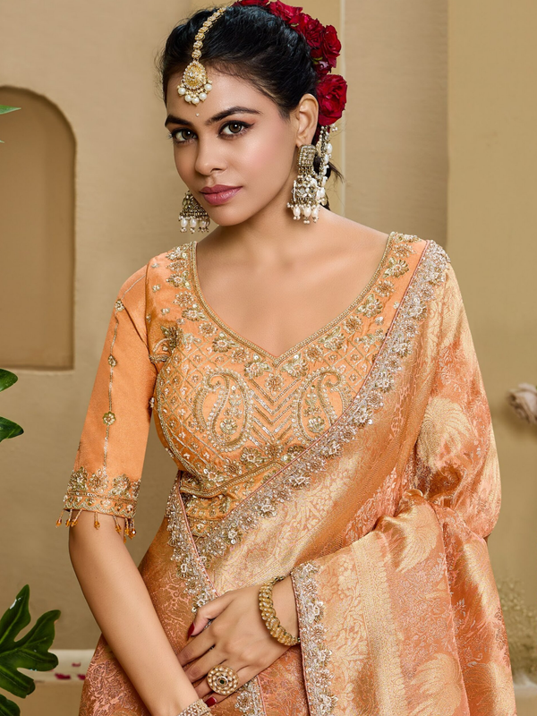 Peach Orange Banarasi Tissue Silk Saree
