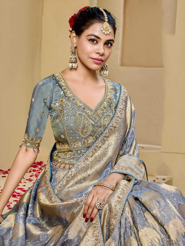 Grey Blue Banarasi Tissue Silk Saree