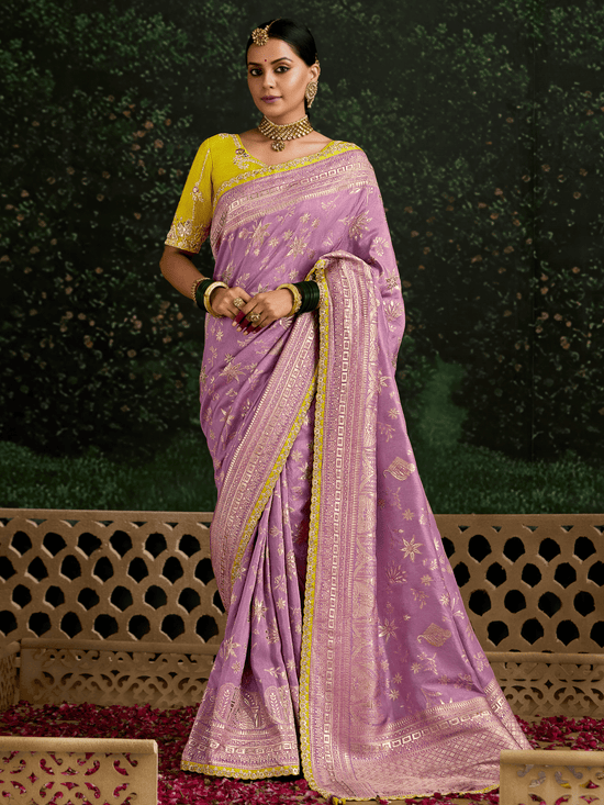 Lavender Designer Banarasi Dola Silk Saree With Golden Zari Work