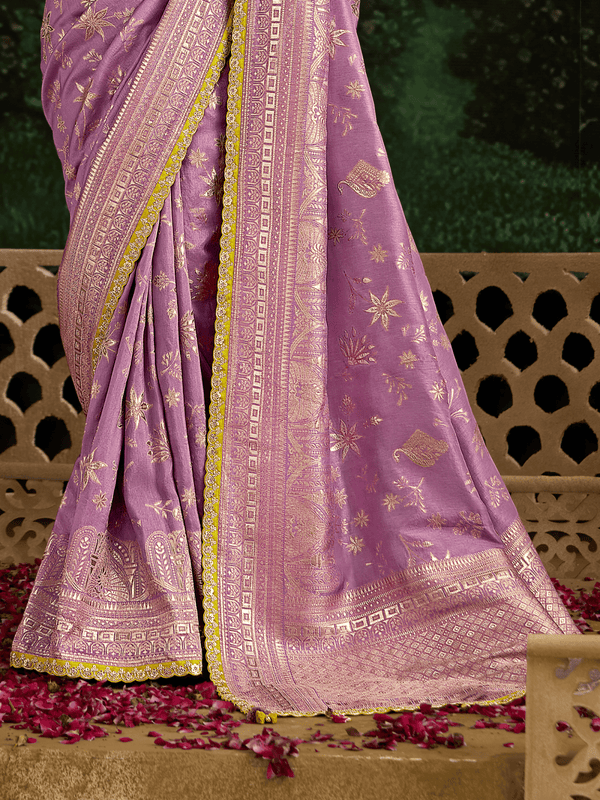 Lavender Designer Banarasi Dola Silk Saree With Golden Zari Work