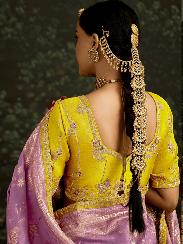 Lavender Designer Banarasi Dola Silk Saree With Golden Zari Work
