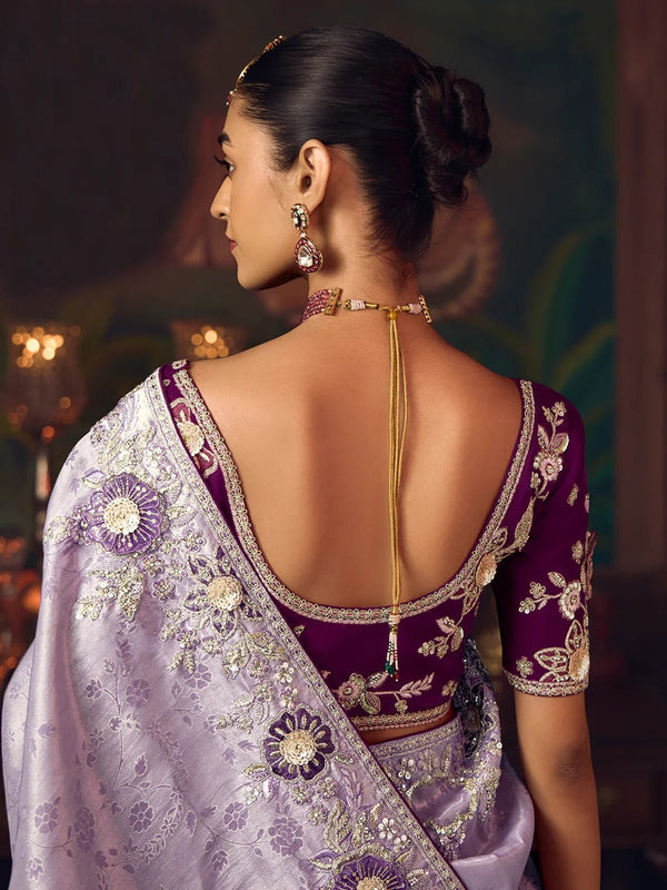 Lavender Designer Tissue Silk Saree with Contrast Blouse