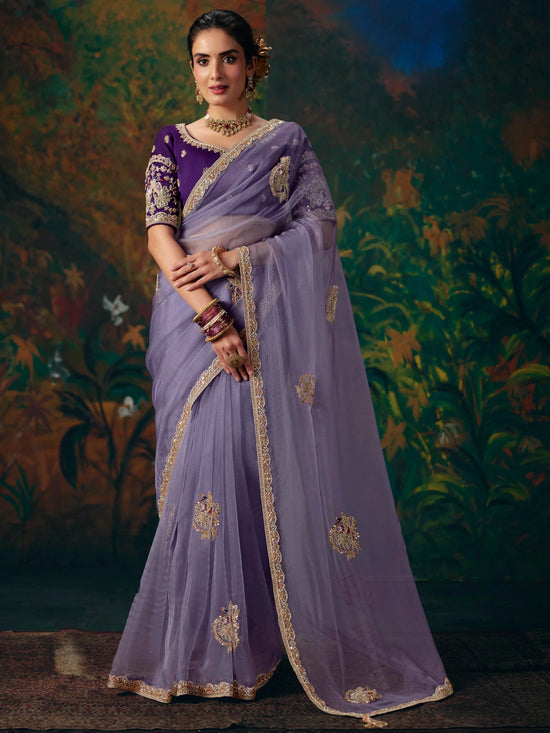 Lavender Embroidered Designer Organza Silk Saree With Contrast Blouse