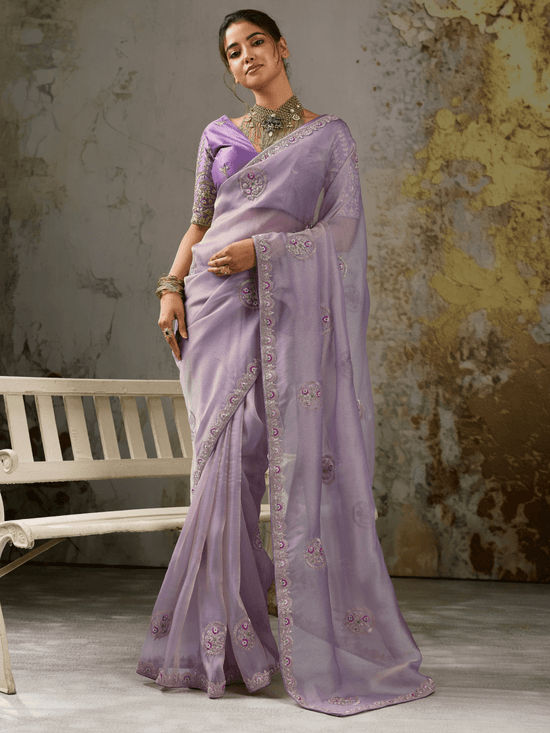 Lavender Embroidered Designer Organza Silk Saree