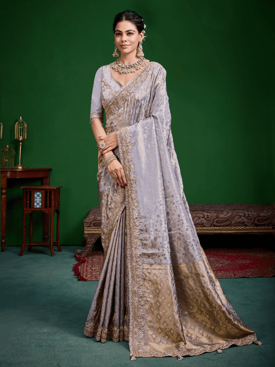 Lavender Grey Banarasi Tissue Silk Saree
