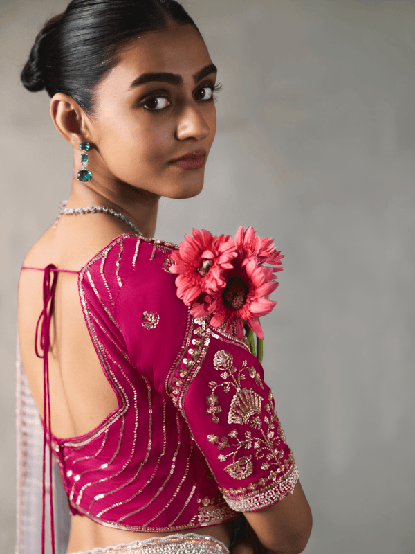 Lavender Grey Designer Tissue Silk Saree With Contrast Blouse