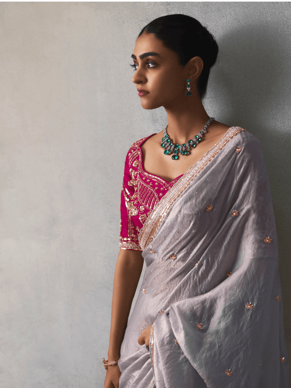 Lavender Grey Designer Tissue Silk Saree With Contrast Blouse