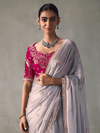 Lavender Grey Designer Tissue Silk Saree With Contrast Blouse
