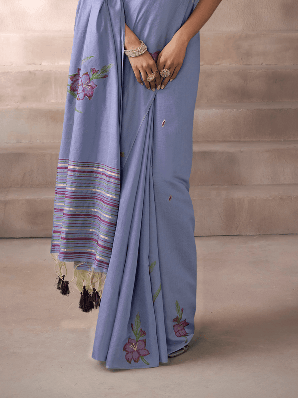 Lavender Jamdani Cotton Silk Saree With Contrast Blouse