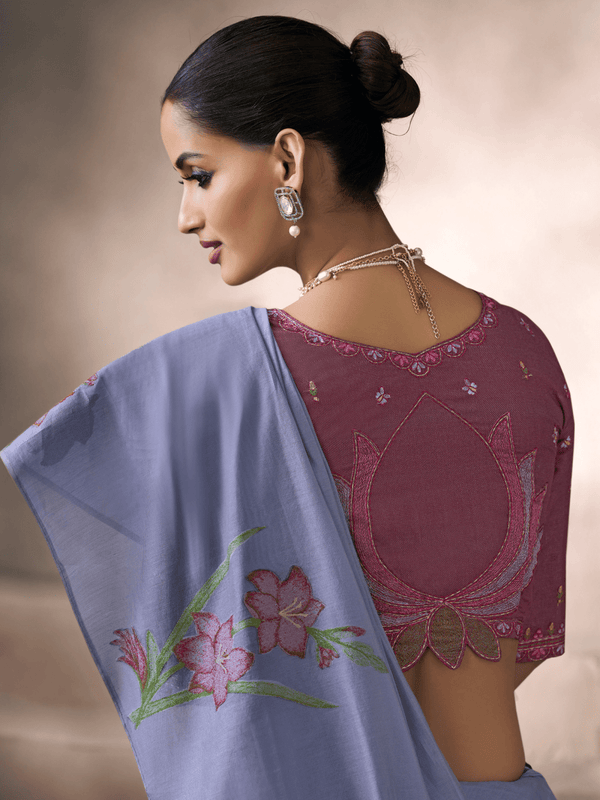 Lavender Jamdani Cotton Silk Saree With Contrast Blouse
