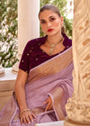 lavender Purple Linen Silk Saree with Velvet Blouse