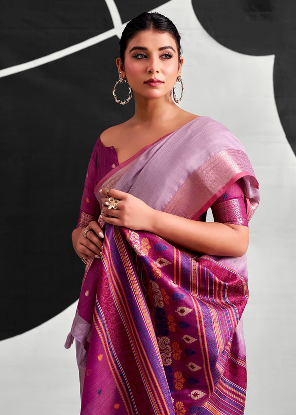 Lilac Purple Woven Designer Linen Cotton Saree