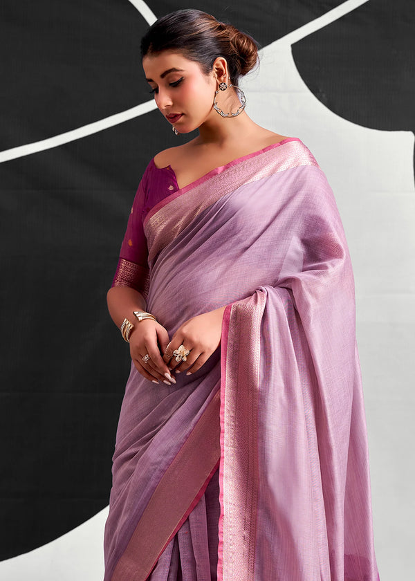 Lilac Purple Woven Designer Linen Cotton Saree