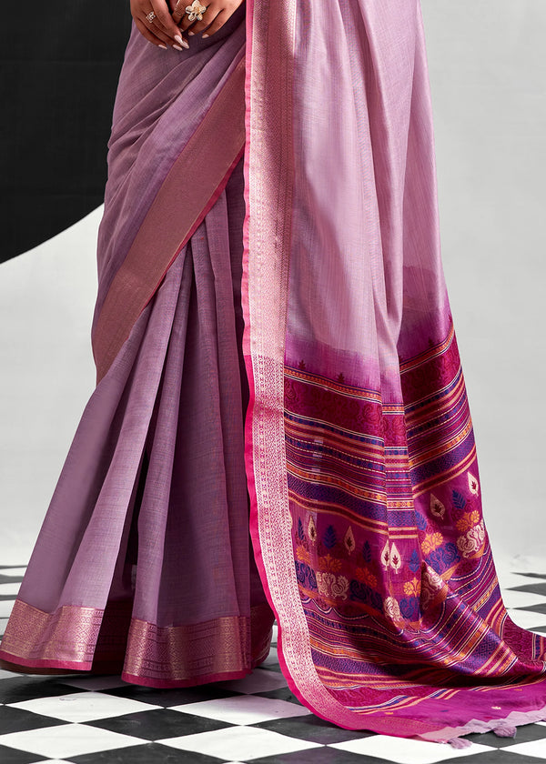 Lilac Purple Woven Designer Linen Cotton Saree
