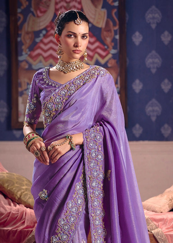 Lavender Purple Zari Tissue Designer Embroidered Saree