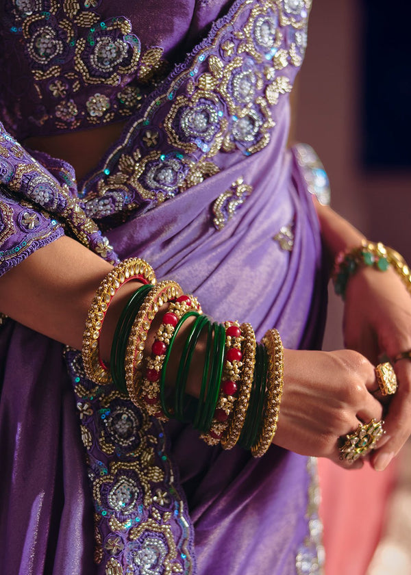 Lavender Purple Zari Tissue Designer Embroidered Saree