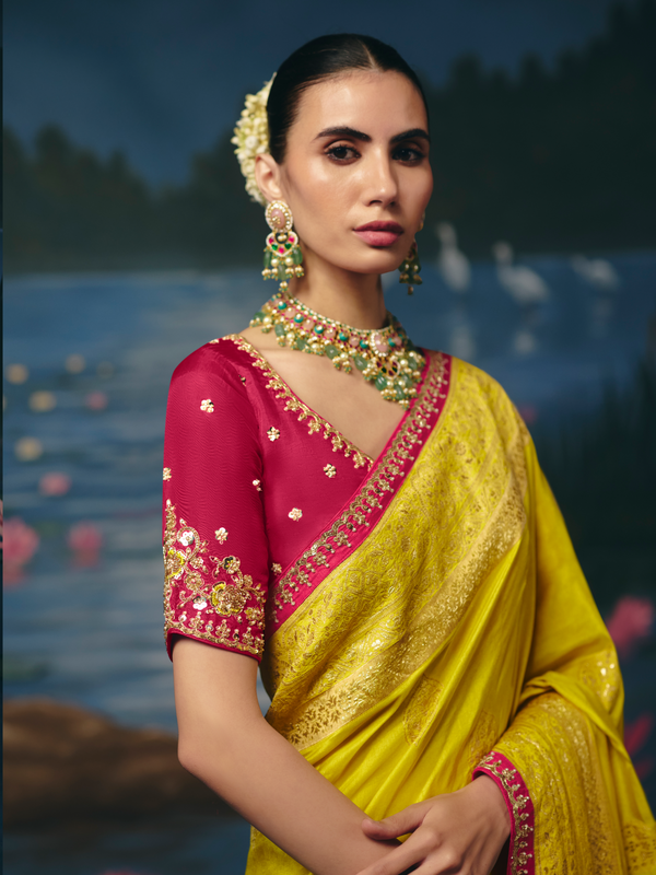 Lemon Yellow Banarasi Dola Silk Saree, contrast blouse close-up