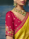 Lemon Yellow Banarasi Dola Silk Saree, contrast blouse close-up