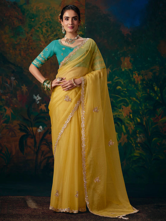 Lemon Yellow Embroidered Designer Organza Silk Saree With Contrast Blouse