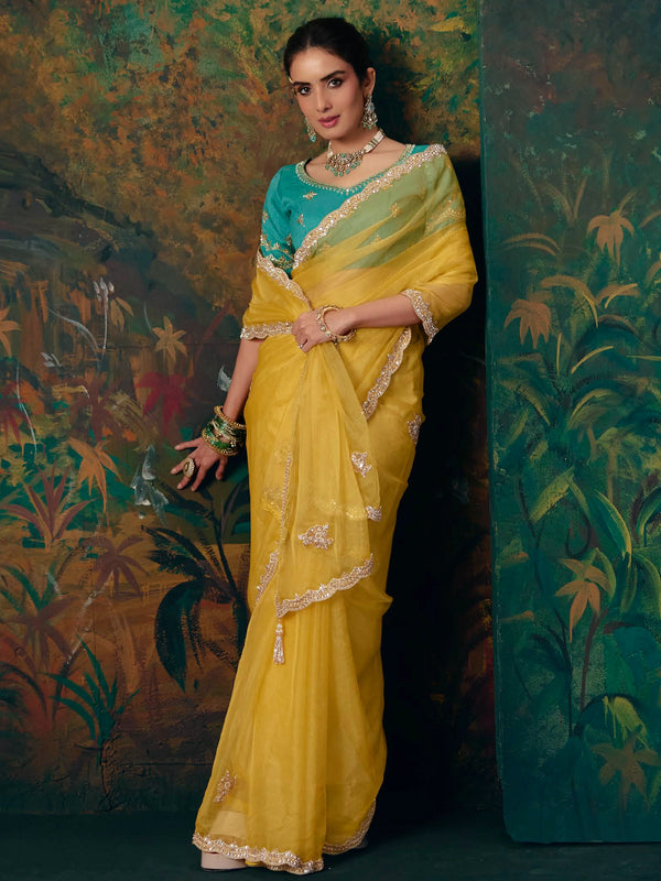 Lemon Yellow Embroidered Designer Organza Silk Saree With Contrast Blouse