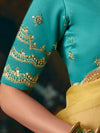 Lemon Yellow Embroidered Designer Organza Silk Saree, contrast blouse close-up