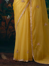 Lemon Yellow Embroidered Designer Organza Silk Saree, border and drape