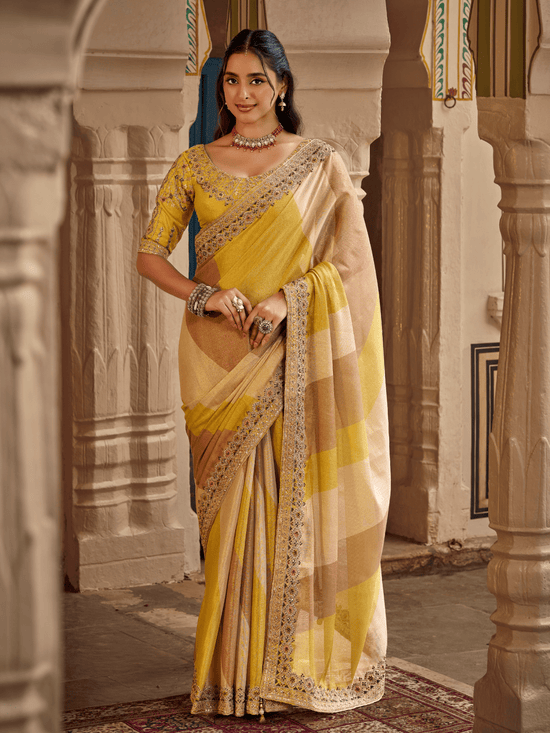Lemon Yellow Embroidered Designer Tissue Silk Saree