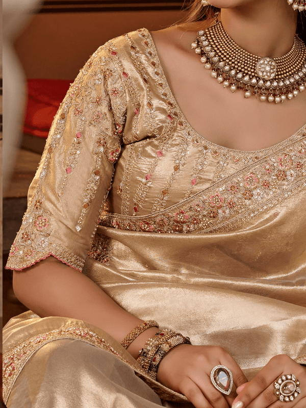 Light Gold Embroidered Designer Tissue Silk Saree