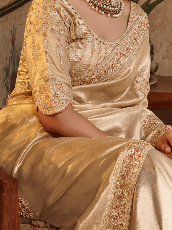 Light Gold Embroidered Designer Tissue Silk Saree