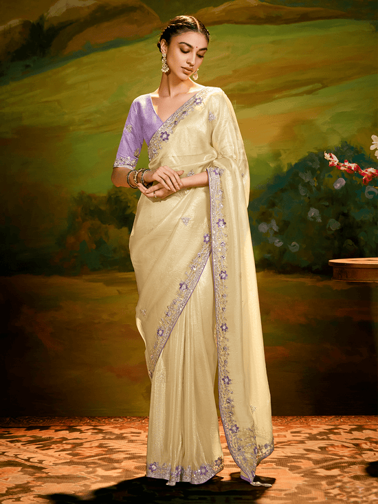 Light Gold Tissue Silk Designer Saree with Embroidery