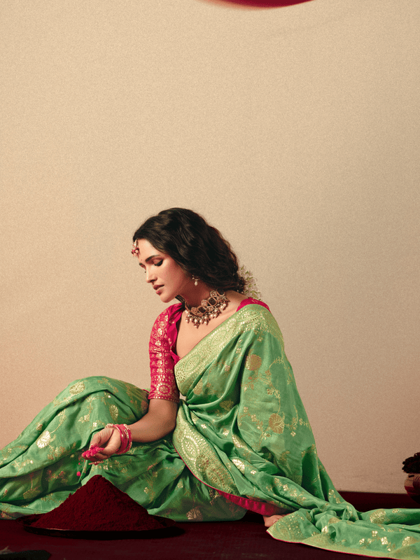 Light Green Banarasi Silk Saree With Contrast Blouse