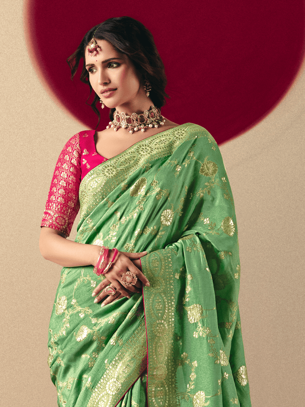 Light Green Banarasi Silk Saree With Contrast Blouse