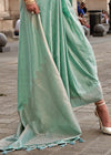 Light Green Handloom Satin Silk Saree With Tassels