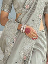 Light Grey Designer Saree with Floral Embroidery