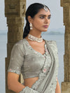 Light Grey Designer Saree with Floral Embroidery