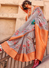 Light Grey Georgette Printed Saree With Orange Border