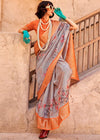 Light Grey Georgette Printed Saree With Orange Border