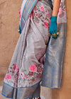 Light Grey Georgette Printed Saree With Sky Blue Zari Border