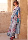 Light Grey Georgette Printed Saree With Sky Blue Zari Border