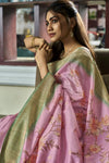 Light Pink Banarasi Soft Silk Saree With Floral Prints